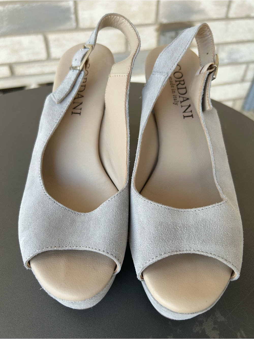 Cordani Light Gray Suede Peep-Toe Slingback Wedges